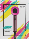 Aura hair dryer packaging with colorful design on a white background
