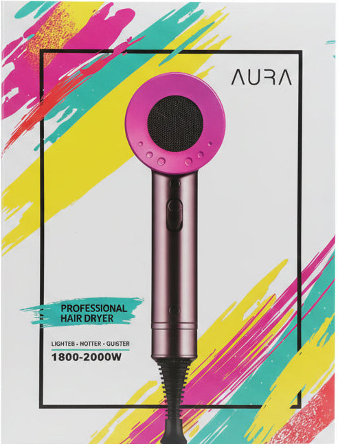 Aura hair dryer packaging with colorful design on a white background