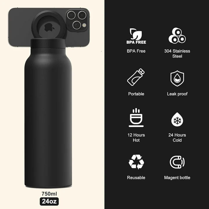 Insulated Water Bottle with Magnetic Phone Holder | Stainless Steel Tumbler