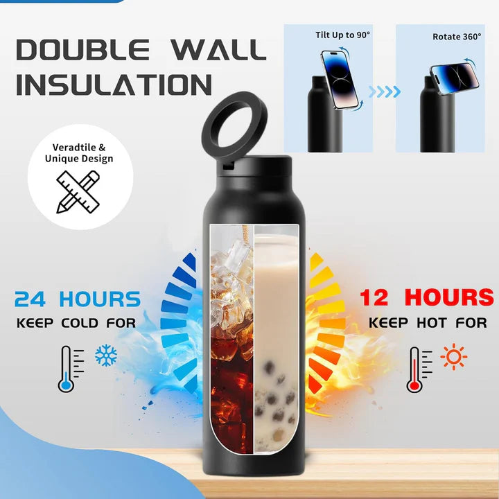 Insulated Water Bottle with Magnetic Phone Holder | Stainless Steel Tumbler